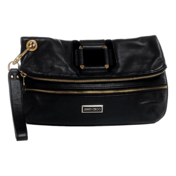 Jimmy Choo Black Leather Mave Foldover Clutch Carry Bag Authentic - Picture 1 of 17